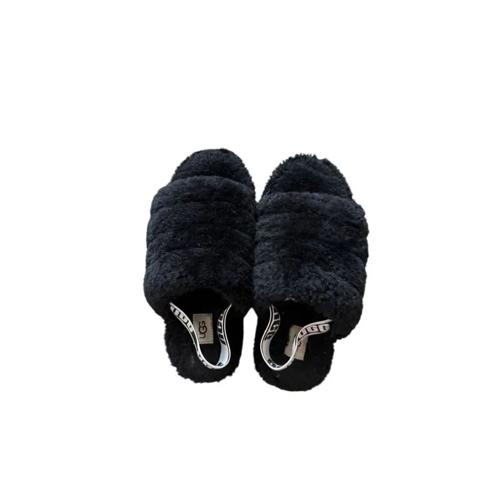 UGG Fluff Yeah Womens Black Fuzz Sugar Plush Slingback Slide Sandals Size 6